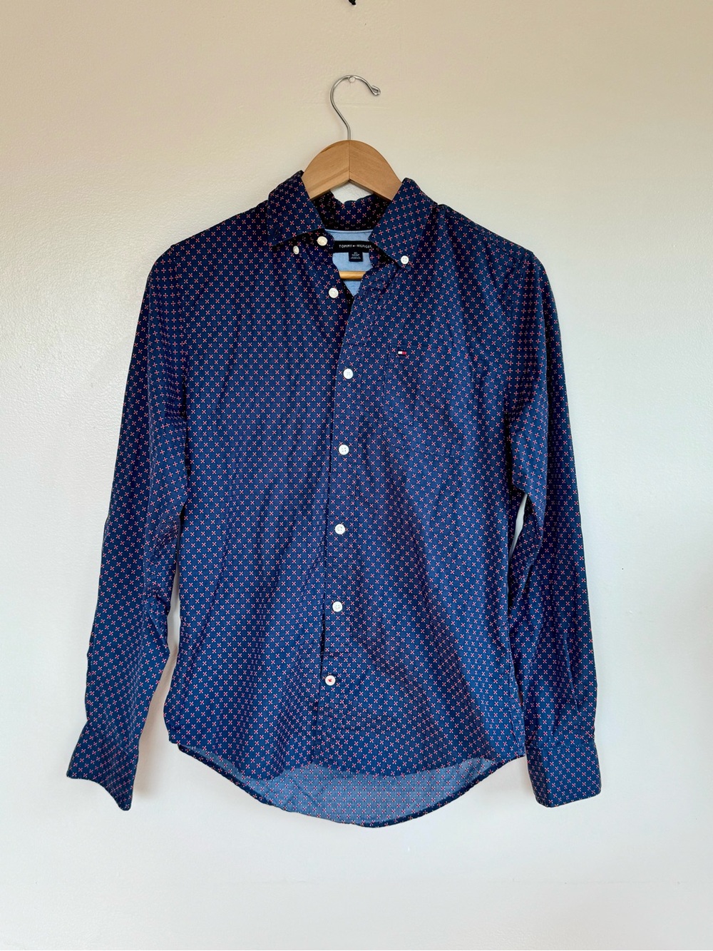 Tommy Hilfiger Flex Poplin Navy & Red Pattern Button Up Dress Shirt Men’s XS